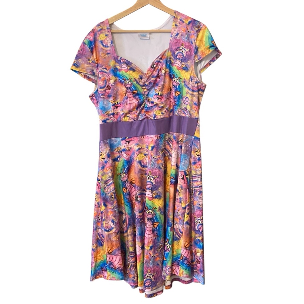 Disney 3X Figment Colorful Dragon Print Dress with Purple Accents bound EUC